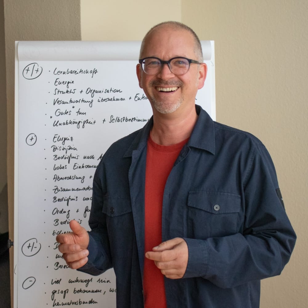 Thorsten Schütz steht vor einem Whiteboard und lacht in die Kamera
